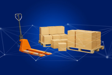 Pallet truck and carboxes with network connection system - 3d render