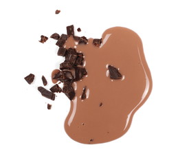 Spilled chocolate milk puddle and bars isolated on white, top view
