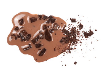 Spilled chocolate milk puddle and bars isolated on white, top view
