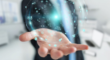Businessman using holograms datas digital sphere 3D rendering