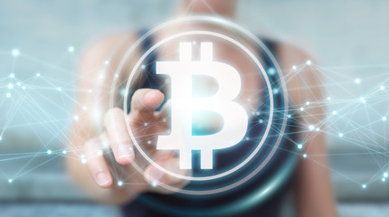 Businesswoman using bitcoins cryptocurrency 3D rendering