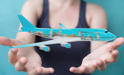 Businessman with plane and famous landmarks of the world 3D rendering