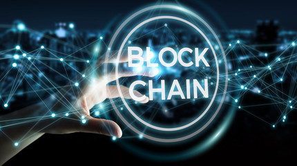 Businesswoman using blockchain cryptocurrency interface 3D rendering