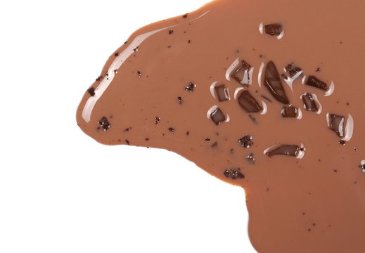 Spilled chocolate milk puddle and bars isolated on white, top view
