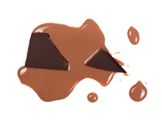 Spilled chocolate milk puddle and bars isolated on white, top view
