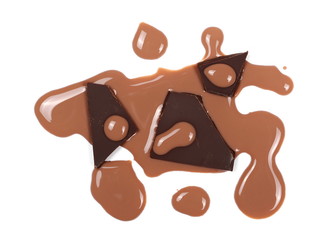 Spilled chocolate milk puddle and bars isolated on white, top view
