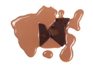 Spilled chocolate milk puddle and bars isolated on white, top view

