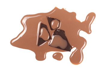 Spilled chocolate milk puddle and bars isolated on white, top view
