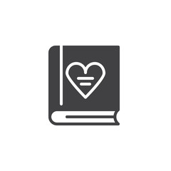 Book with love heart icon vector, filled flat sign, solid pictogram isolated on white. Valentines day symbol, logo illustration.