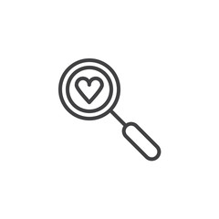 Heart search with magnifying glass line icon, outline vector sign, linear style pictogram isolated on white. Love valentines day symbol, logo illustration. Editable stroke