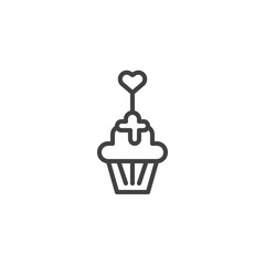 Cupcake muffin with heart line icon, outline vector sign, linear style pictogram isolated on white. Valentines day dessert symbol, logo illustration. Editable stroke