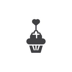 Cupcake muffin with heart icon vector, filled flat sign, solid pictogram isolated on white.  Valentines day dessert symbol, logo illustration.