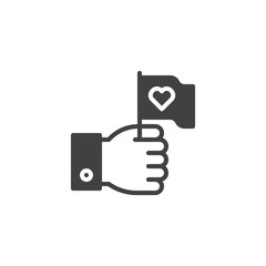 Hand hold flag with heart icon vector, filled flat sign, solid pictogram isolated on white. Love Valentines day symbol, logo illustration.