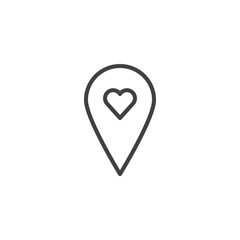 Location pin with love line icon, outline vector sign, linear style pictogram isolated on white. Heart pointer symbol, logo illustration. Editable stroke