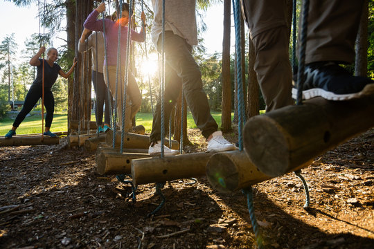Business People Crossing Swinging Logs In Forest - Powered by Adobe