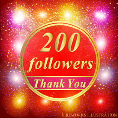 Followers background. 200 followers illustration with thank you on a ribbon. Vector illustration.