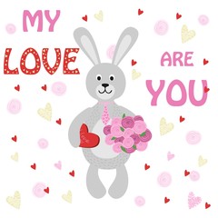 Valentine rabbit Bunny with bouquet of flowers and sweets-vector illustration, eps