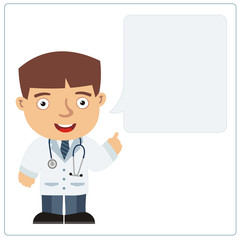 Isolated doctor with bubble speech in cartoon style. Smiling doctor says important information...