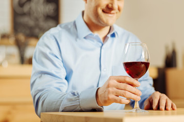 Time to relax. Exuberant well-built relaxing man smiling and holding a glass of wine while enjoying his weekend