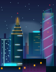 Night city skyscrapers. Buildings in neon lights. Vector illustration