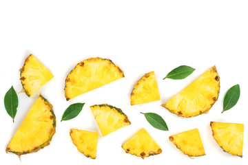 Fototapeta premium Sliced pineapple with green leaves isolated on white background with copy space for your text. Top view