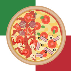 Vector flat four types of ingredients on italian pizza isolated on green, red and white background
