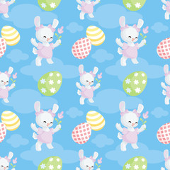 Easter seamless pattern with the image of lovely rabbits and painted eggs. Vector background.
