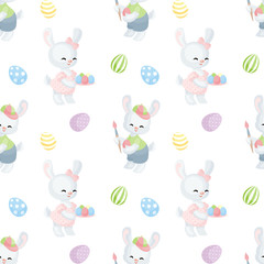 Easter seamless pattern with the image of lovely rabbits and painted eggs. Vector background.