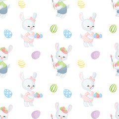Easter seamless pattern with the image of lovely rabbits and painted eggs. Vector background.