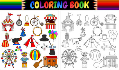 Fototapeta na wymiar Coloring book with amusement park icons set