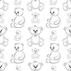 Cartoon Teddy Bears, Seamless Pattern, Outline Pictograms, Black Contours Isolated on Tile White Background. Vector