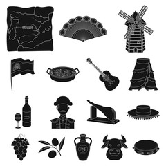Spain country black icons in set collection for design.Travel and attractions vector symbol stock web illustration.