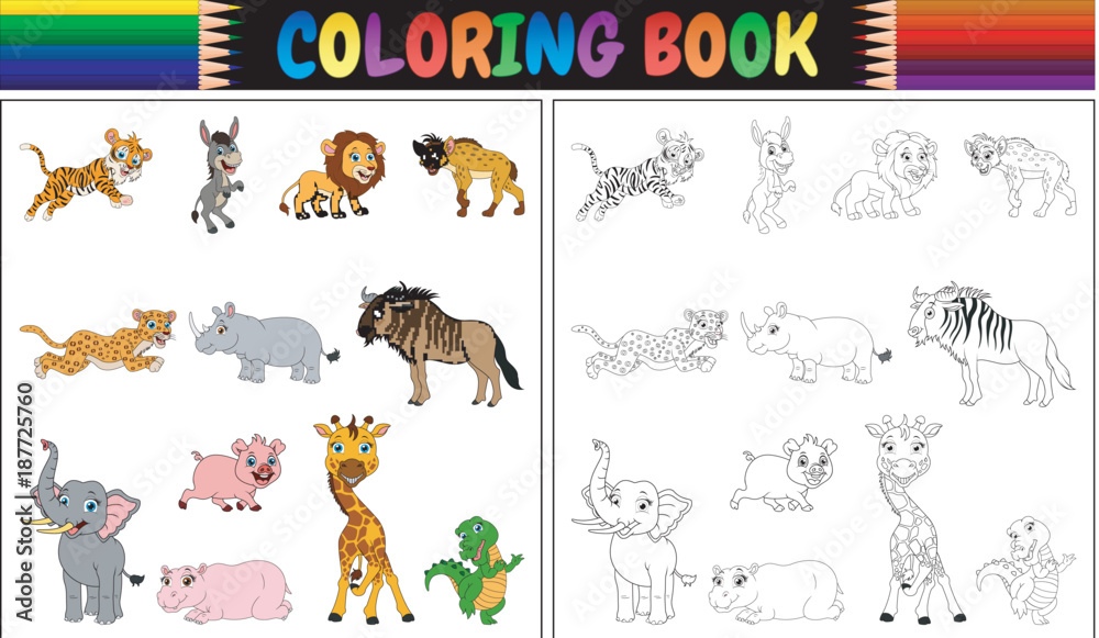 Wall mural coloring book with wild animals collection