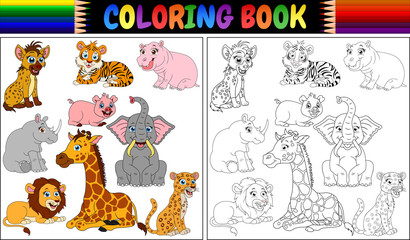 Coloring book with wild animals cartoon