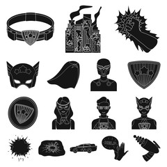 A fantastic superhero black icons in set collection for design. Superhero's equipment vector symbol stock web illustration.
