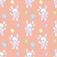 Easter seamless pattern with the image of lovely rabbits and painted eggs. Vector background.