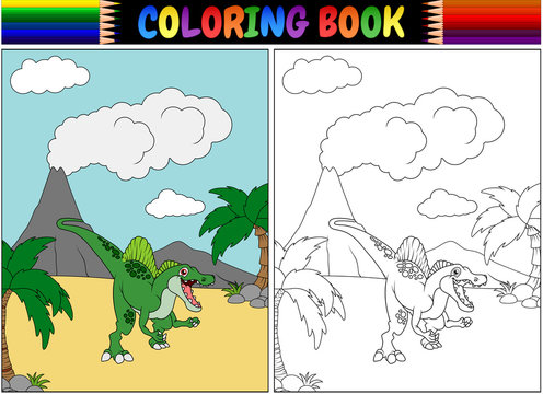 Coloring book with spinosaurus cartoon