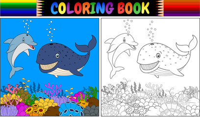 Fototapeta premium Kolorowanka z kreskówki delfinem i wielorybem
