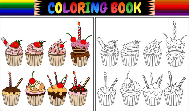 Coloring book cupcake with candles and fruits