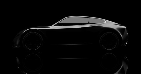silhouette of black sports car on black background, 3d render, generic design, non-branded