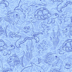 Obraz premium Seamless Pattern, Cartoon Sea Creatures, Dolphin, Fish, Turtle, Octopus and Algae Contours on Blue Tile Background. Vector
