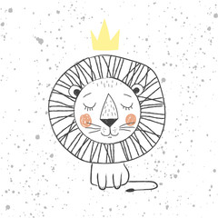 Hand drawn king lion for kids T-shirt design, greeting card with blur background, cute childish king of the jungle - vector illustration