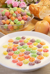 Milk with cereals balls crisp for breakfast 