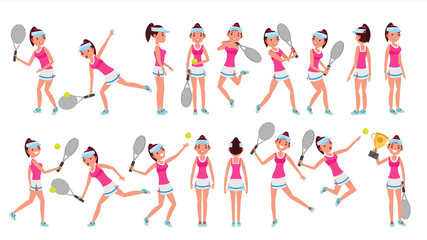 Woman Tennis Player Vector. Playing With The Ball. Different Poses. In Action. Flat Cartoon Illustration