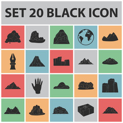 Different mountains black icons in set collection for design.Mountains and landscape vector symbol stock web illustration.