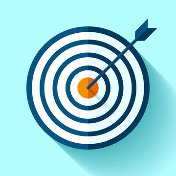Target icon in flat style on color background. Arrow in the center. Vector design element