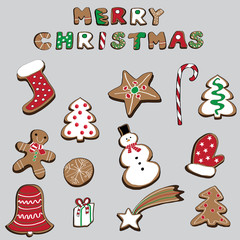 Vector illustration of Christmas cookies isolated on grey background