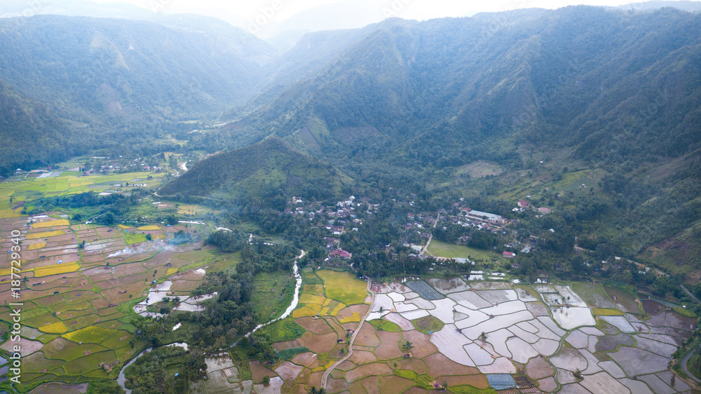 Wall mural Aerial view of Harau Valley,mountains and rice fields at Sumatra island, Indonesia - Wall murals