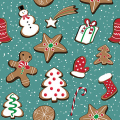 Stoffe zum Nähen Vektor-Illustration von Christmas Cookies setzen auf blauem Hintergrund mit Schnee. Nahtlose Muster