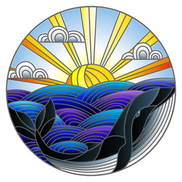 Illustration in stained glass style whale into the waves, Sunny sky and clouds, round image